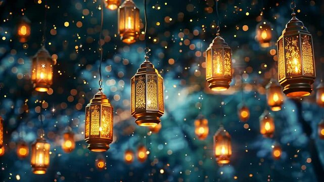 Traditional golden lanterns glowing warmly, hanging against a blurred dark blue bokeh background