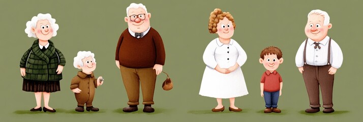 Happy Multigenerational Family Portrait Illustration Charming Cartoon Style Grandparents Parents Child