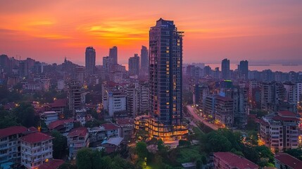 Obraz premium Panoramic Sunset View of a Modern Cityscape with a High-Rise Building