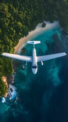 Fototapeta premium Aerial view of a small aircraft flying over a tropical beach and crystal clear waters.