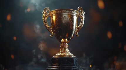 Golden trophy on dark background with copy space, gold award cup for success and victory concept banner design of business