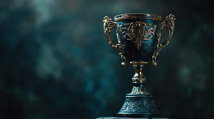 Golden trophy on dark background with copy space, gold award cup for success and victory concept banner design of business