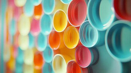 Colorful ceramic plates arranged decoratively on a vibrant wall in a dining space