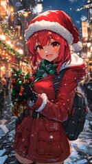 Cheerful young girl with red hair in a Santa hat, holding festive decorations in a snowy street.