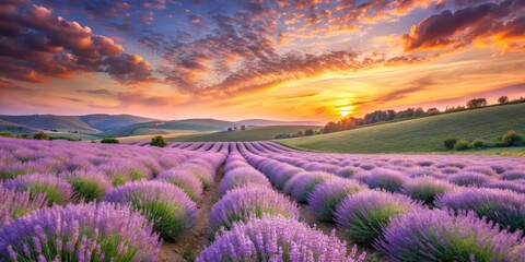 Fototapeta premium Serene Lavender Field at Sunset, Rows of Purple Blossoms under a Vibrant Sky