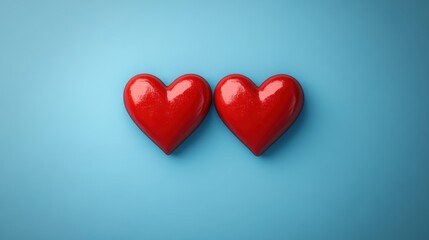 Fototapeta premium Two red hearts on a blue background.