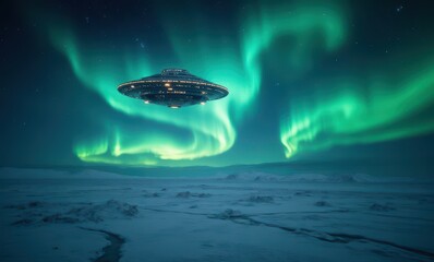 Futuristic spaceship above glowing auroras