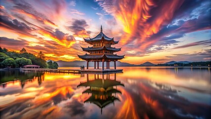 Obraz premium Surreal Sunset over Chinese Temple, West Lake, Hangzhou