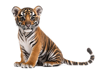 Obraz premium cute baby tiger with striking stripes sits against white background. 