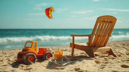 A wooden lounge chair on golden sand, children&rsquo;s toys like a kite, sandcastle molds, and a toy truck scattered nearby, calm turquoise waves in the background, bright sunlight casting playful shadows,