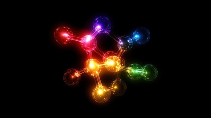 Colorful Abstract Molecule Structure Rendered in Bright Neon Colors on a Black Background Ideal for Science and Technology Concepts in Modern Design
