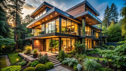 Fototapeta premium Sustainable Modern Home, Lush Greenery, Eco-Friendly Architecture, Green Building Design, Architectural Photography