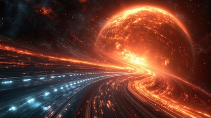 Light trails, blue and red lights on a highway around a huge planet in the universe. Background is dark color.