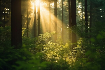 Obraz premium A grassy field with sun rays passing through it, bokeh lights Serene Meadow with Lush Green Grass and Vibrant Wildflowers in a Peaceful Landscape 