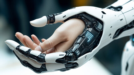 robotic hand gently holds human hand, symbolizing harmony and connection.