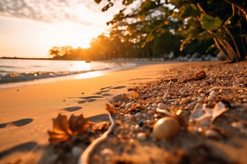 Obraz premium Seashells on a sandy beach at sunset, with waves crashing in the background Concept Marine Pollution, Plastic Waste, 
