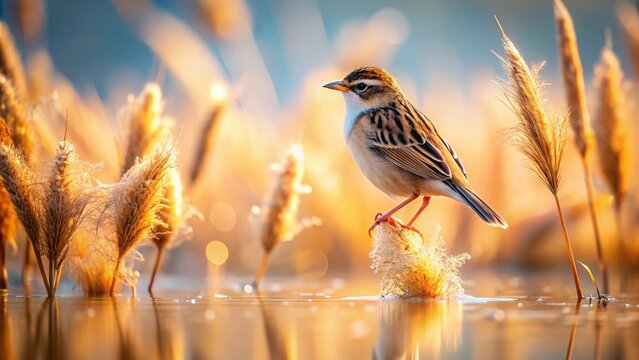 Tiny European Buitron Cisticola Bird in Beniarr&aacute;s Reservoir, Spain - Double Exposure Photography