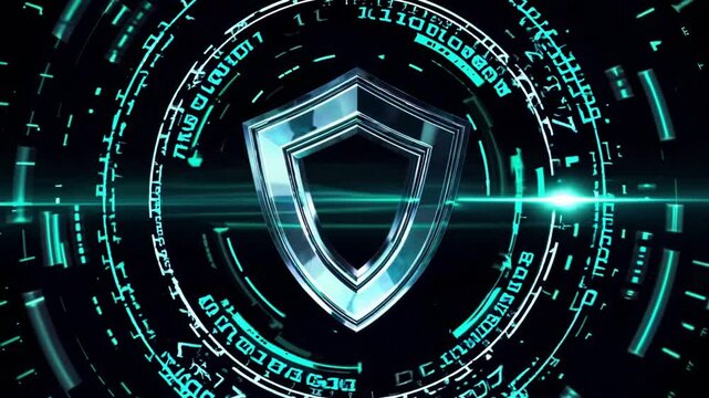 Abstract digital shield design with glowing particles and binary code, symbolizing protection, security, and technology in a futuristic space, enhancing data safety and privacy.