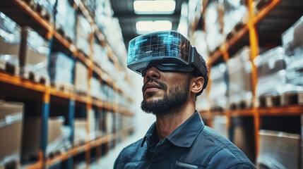 man uses virtual reality glasses to manage warehouse efficiently.