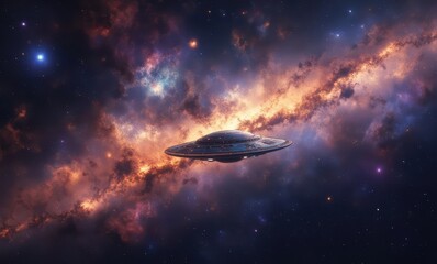 Futuristic spaceship floating in nebula