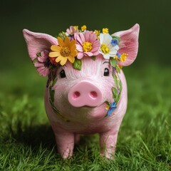 A cute pink piggy bank on green grass with a pink piglet nearby