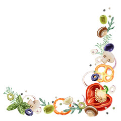 Corner frame made of vibrant assorted of fresh groceries: vegetables, herbs, onions, peppers and olives. Perfect for restaurant menus, kitchen decor, food packaging, culinary blog visuals. Watercolor