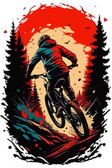 Poster of a Cyclist in Helmet Riding Through Mountains with Paint Splashes and Sun Behind Trees — Dynamic Design for Outdoor Adventures