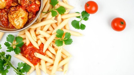 Flat lay of penne pasta with chicken tomato sauce and parsley leaves, perfect for adding text and design, copy space, parsley leaves