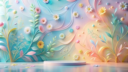 Pastel Floral Paradise A Dreamlike Display with a Circular Pedestal for Product Showcase
