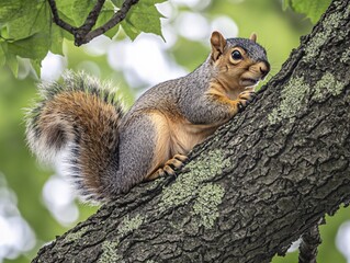 Obraz premium Eastern Gray Squirrel on Tree Branch in Summer Sunlight