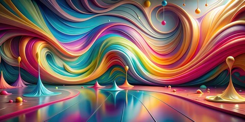 Abstract Colorful Swirling Paint Landscape with Glossy Splashes and Droplets