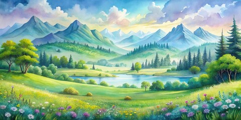 Obraz premium Serene Mountain Valley Landscape with a Tranquil Lake, Lush Meadows, and Abundant Wildflowers under a Bright Sky