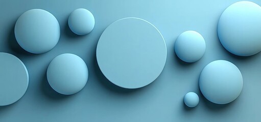Abstract Blue Circles Background: Minimalist 3D Render of Spheres and Discs