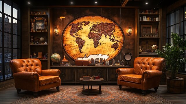 A global traveler podcast studio featuring a large illuminated world map on the wall, plush leather chairs,