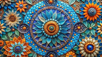 Vibrant Blue Flower Mosaic: Abstract Art with Circles and Earthy Tones