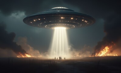 Mysterious UFO and silhouetted figures