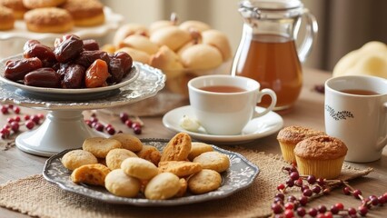 Festive Display of Dates, Sweets, and Tea Arranged on a Decorative Stand for a Joyful Gathering
