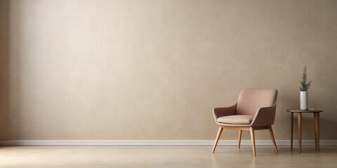 A minimalist interior scene featuring a light beige armchair and a small side table against a neutral textured wall.
