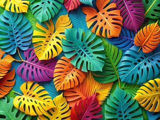 Vibrant Monstera Leaf Frame Paper Cut Tropical Summer Background