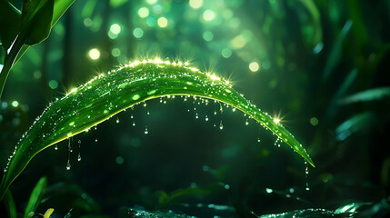 dew covered blade of grass glistens in lush green forest, capturing beauty of nature morning light