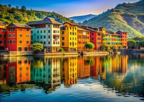 Vibrant Lavasa Lake Buildings: Macro Photography of Colorful Architecture near Pune