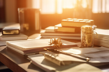 A pile of old books in a library  large stack of books and papers on a bookshelf, showing signs of age and use.

