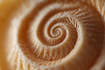 Macro image of a tiny shell on the beach, showing its spiral pattern