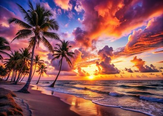 Vibrant Sunrise over South Florida Beach, Palm Trees, Ocean
