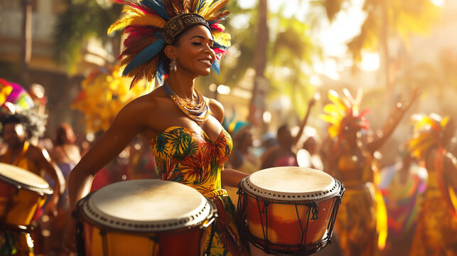 Woman Drumming in Colorful Carnival Costume with Feathered Headdress Radiating Energy and Joy Celebrating Bloquinho de Carnaval under Bright Sunlight Surrounded by Festive Dancers