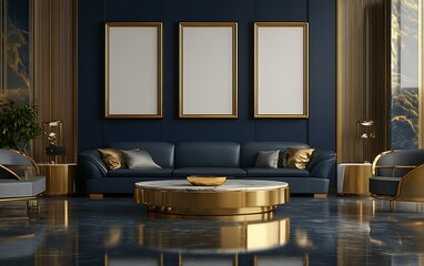 Luxurious navy blue living room interior design with gold accents, marble, and three blank frames