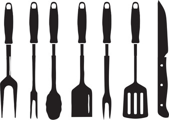 Kitchen tools or spatulas hand drawn on white background. Kitchen utensils butcher tools or spatula silhouettes. BBQ and frying and baking, party cooking cutlery.