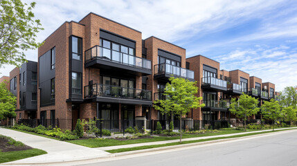 Modern apartment building with brick facade and balconies, surrounded by greenery