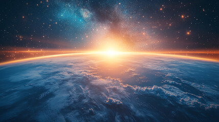 Fototapeta premium Vibrant sunrise over Earth reveals cosmic beauty and atmosphere