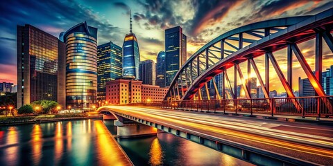 Obraz premium Vintage Cityscape: Sleek Bridge Connecting Bustling Commercial Districts